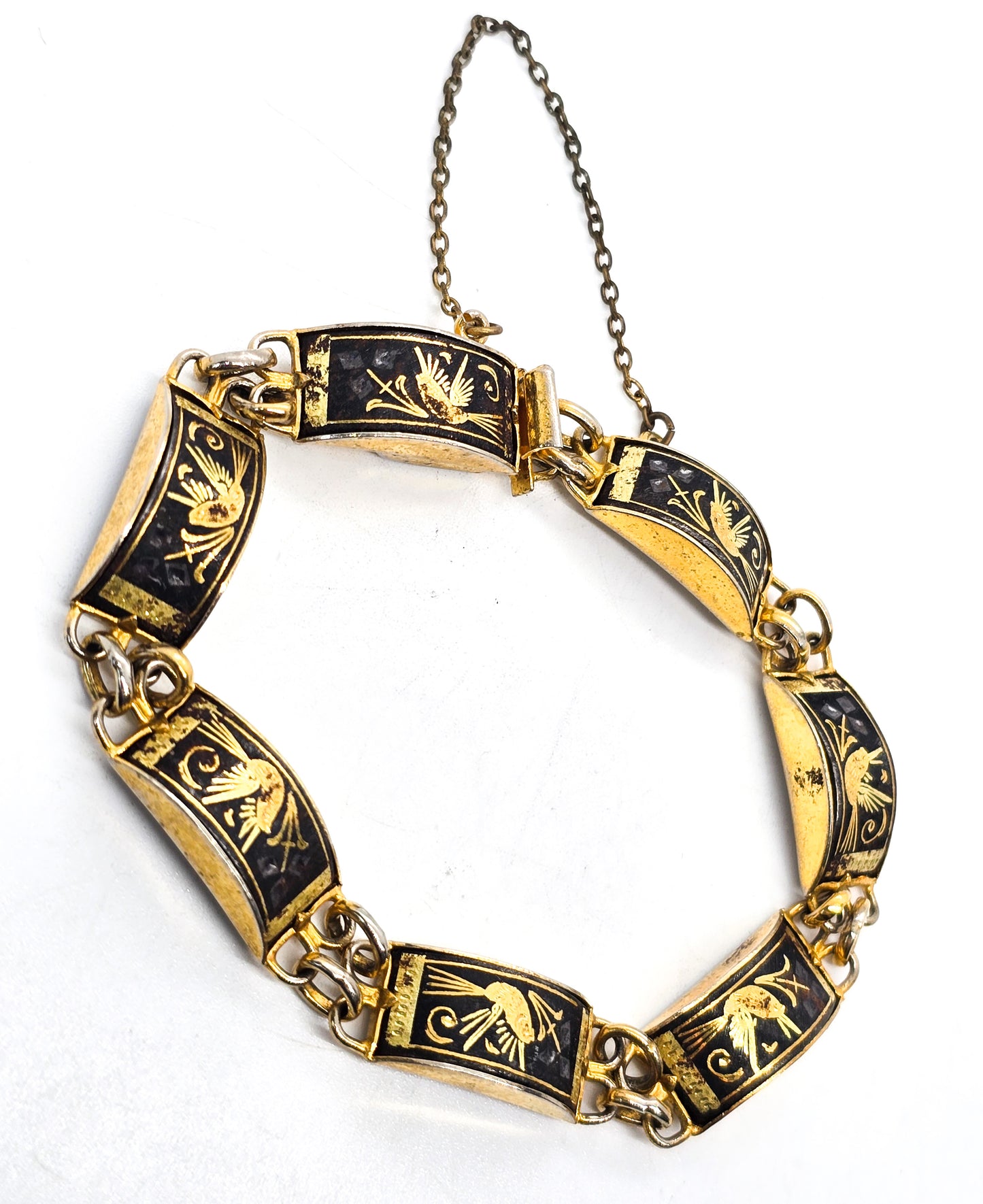 Spanish Damascene flying bird black and gold toned vintage tennis bracelet