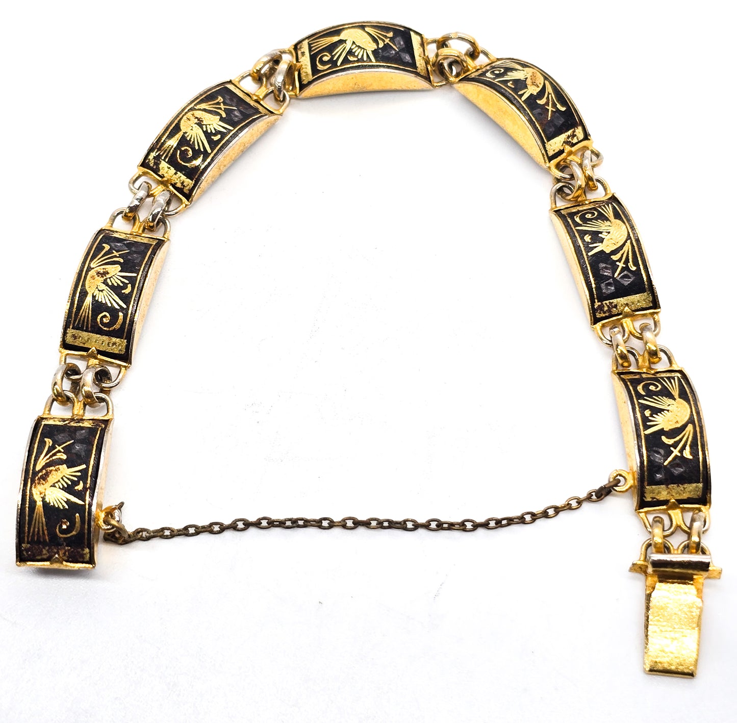 Spanish Damascene flying bird black and gold toned vintage tennis bracelet
