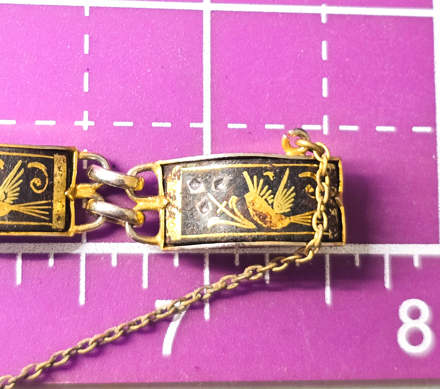 Spanish Damascene flying bird black and gold toned vintage tennis bracelet