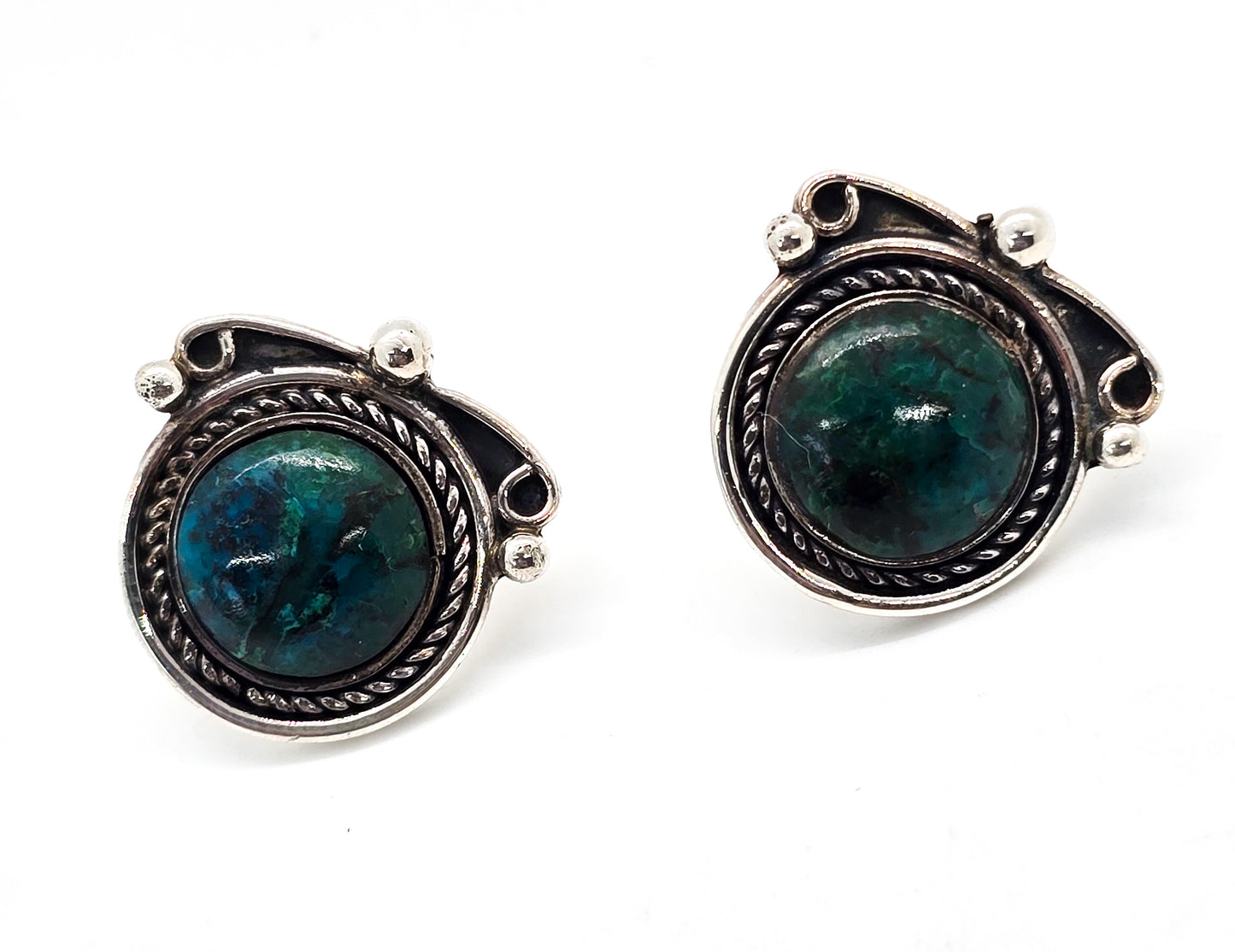 Chrysocolla Native American 950 sterling silver twisted rope vintage stud earrings