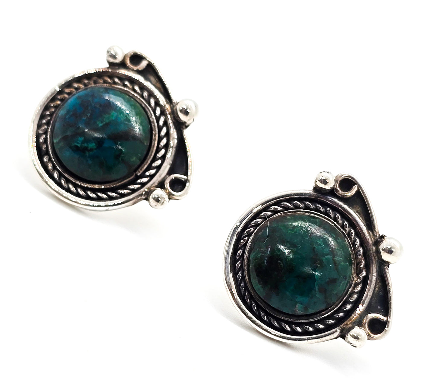 Chrysocolla Native American 950 sterling silver twisted rope vintage stud earrings