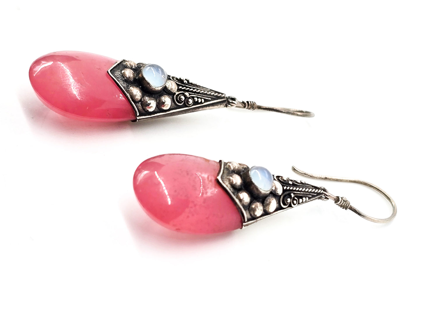 Pink opalite drop tribal Balinese vintage sterling silver earrings with opalite accents