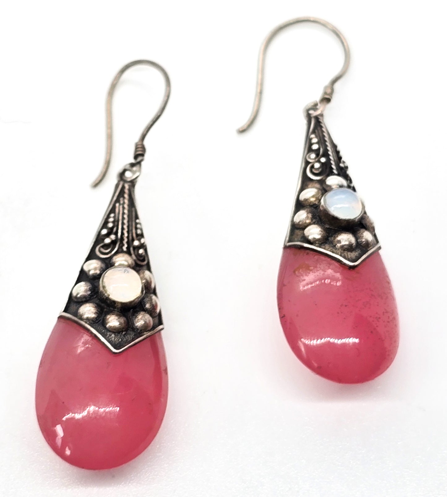 Pink opalite drop tribal Balinese vintage sterling silver earrings with opalite accents