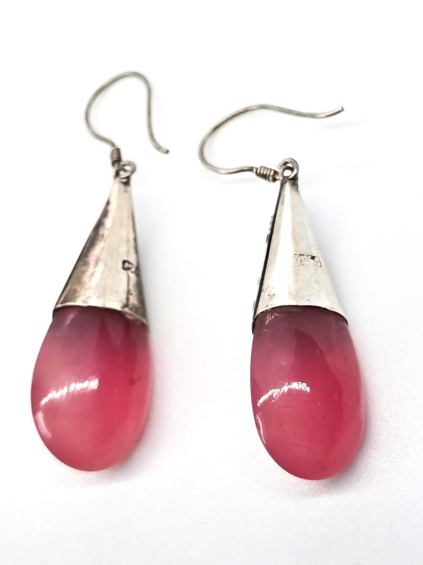 Pink opalite drop tribal Balinese vintage sterling silver earrings with opalite accents