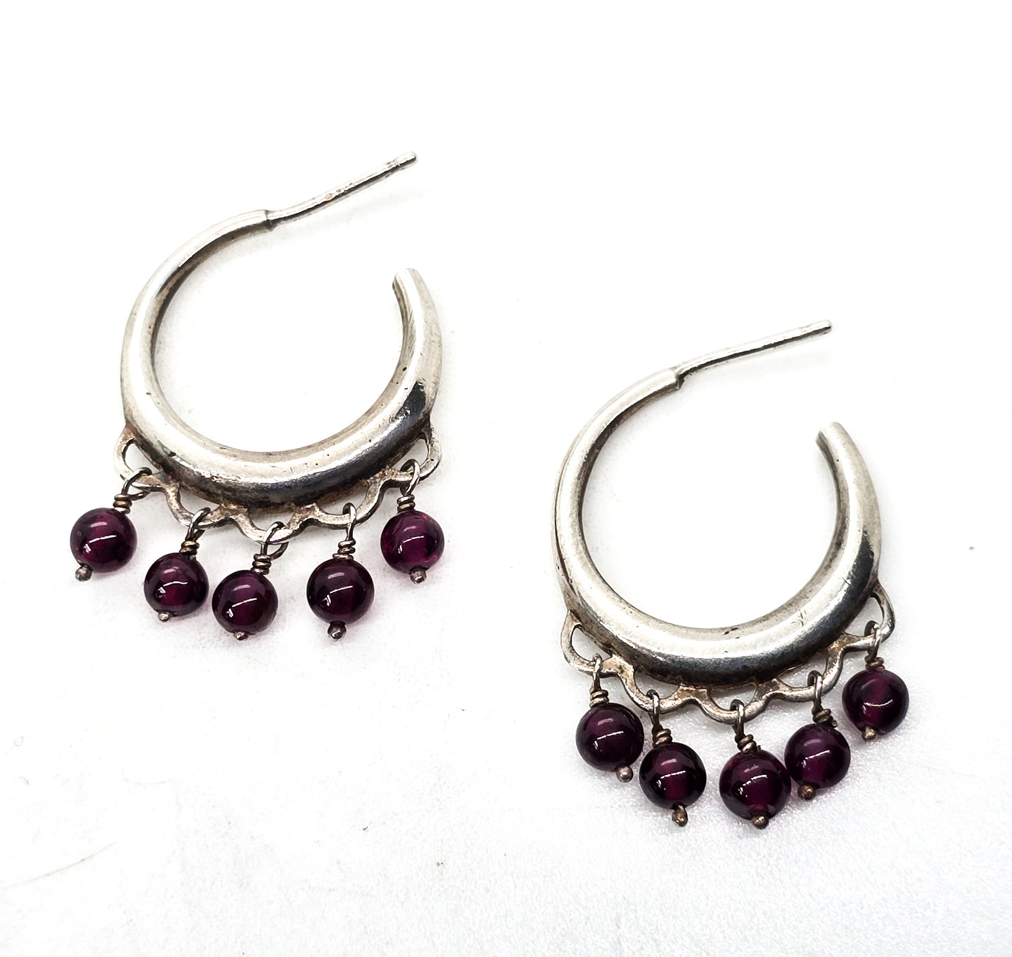 Garnet red gemstone beaded sterling silver drop vintage hoop earrings
