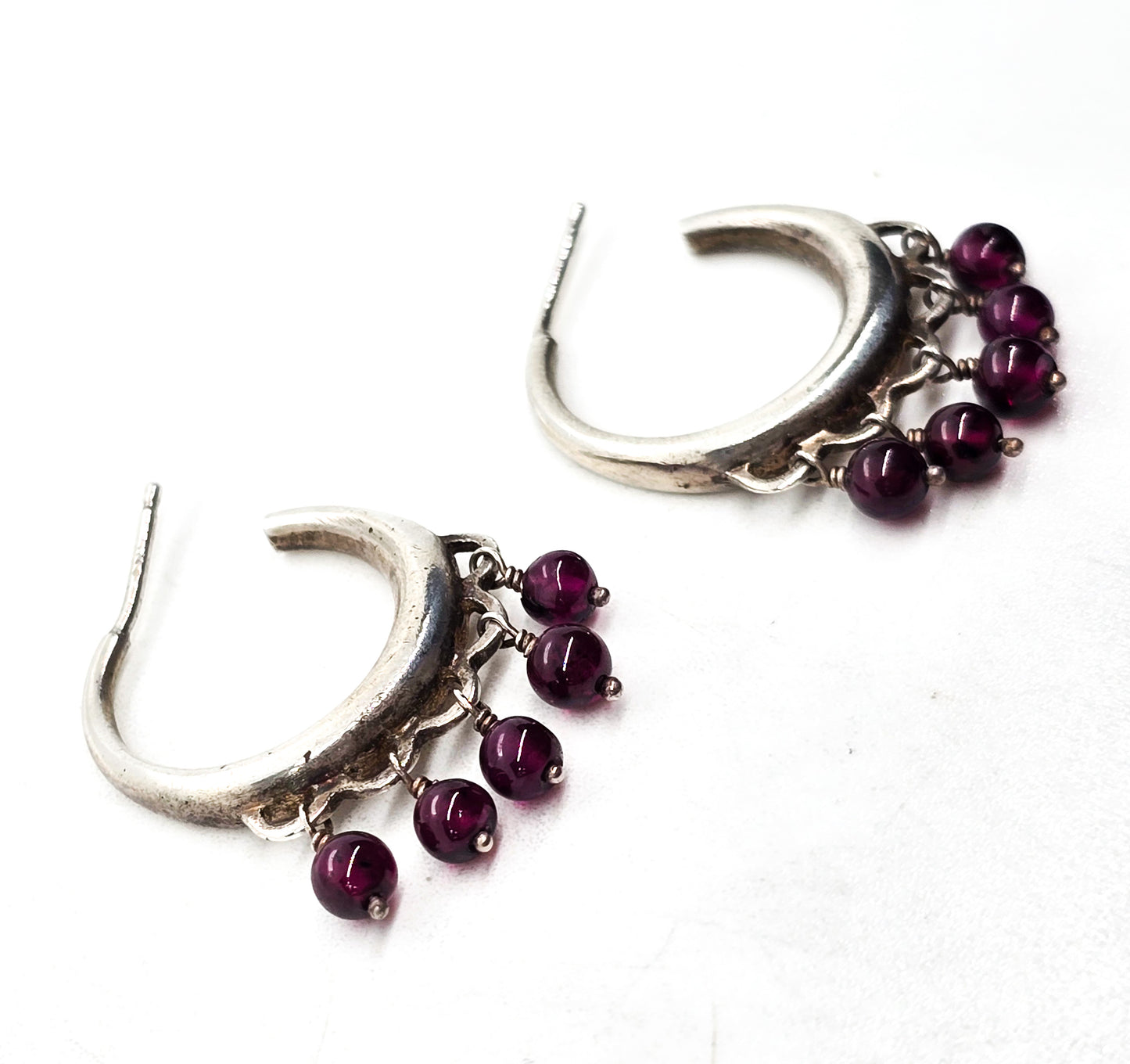 Garnet red gemstone beaded sterling silver drop vintage hoop earrings