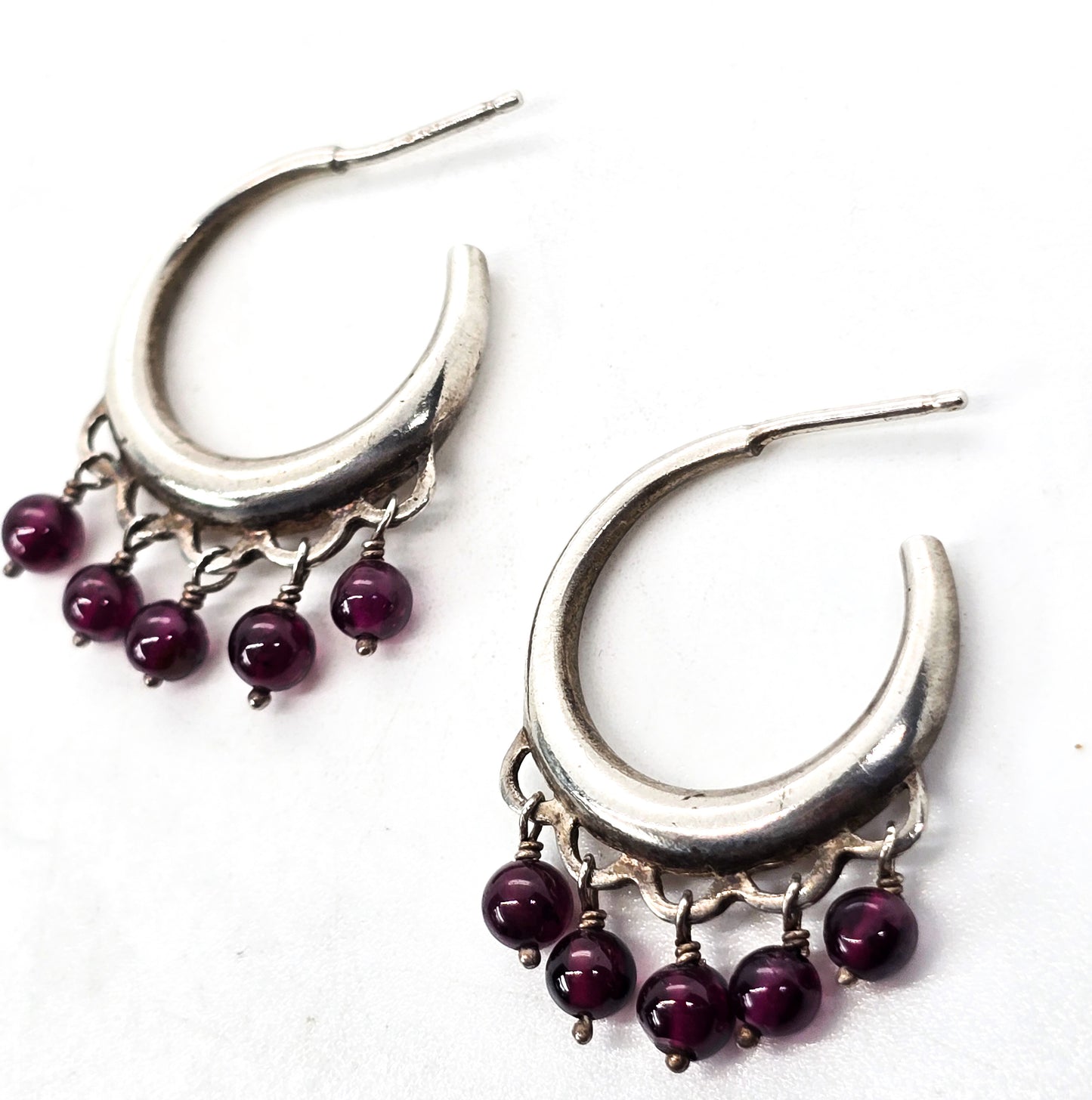 Garnet red gemstone beaded sterling silver drop vintage hoop earrings