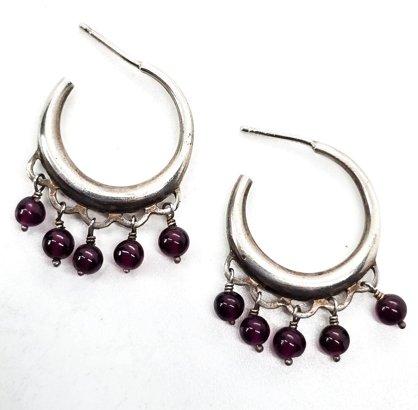 Garnet red gemstone beaded sterling silver drop vintage hoop earrings
