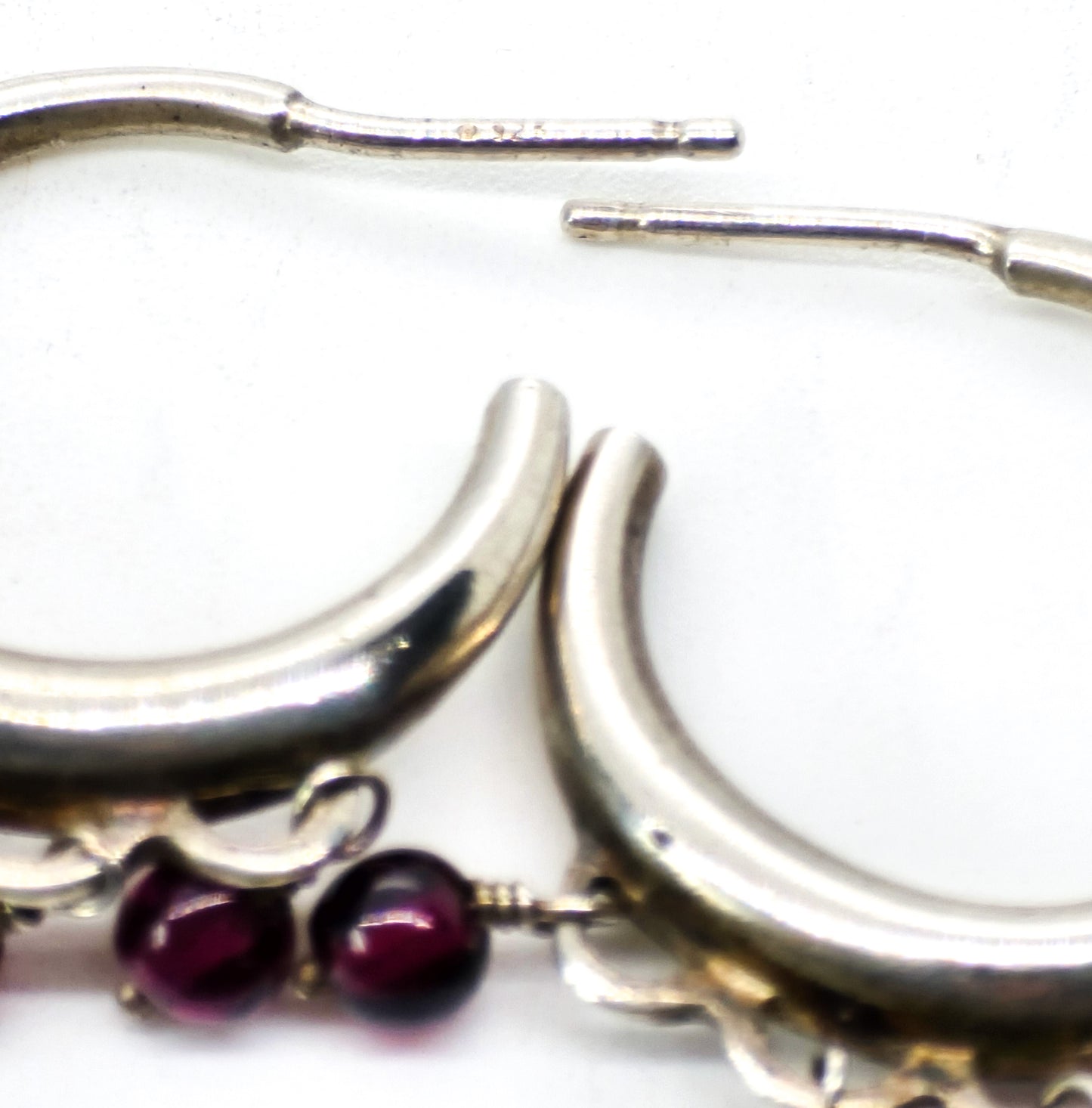 Garnet red gemstone beaded sterling silver drop vintage hoop earrings