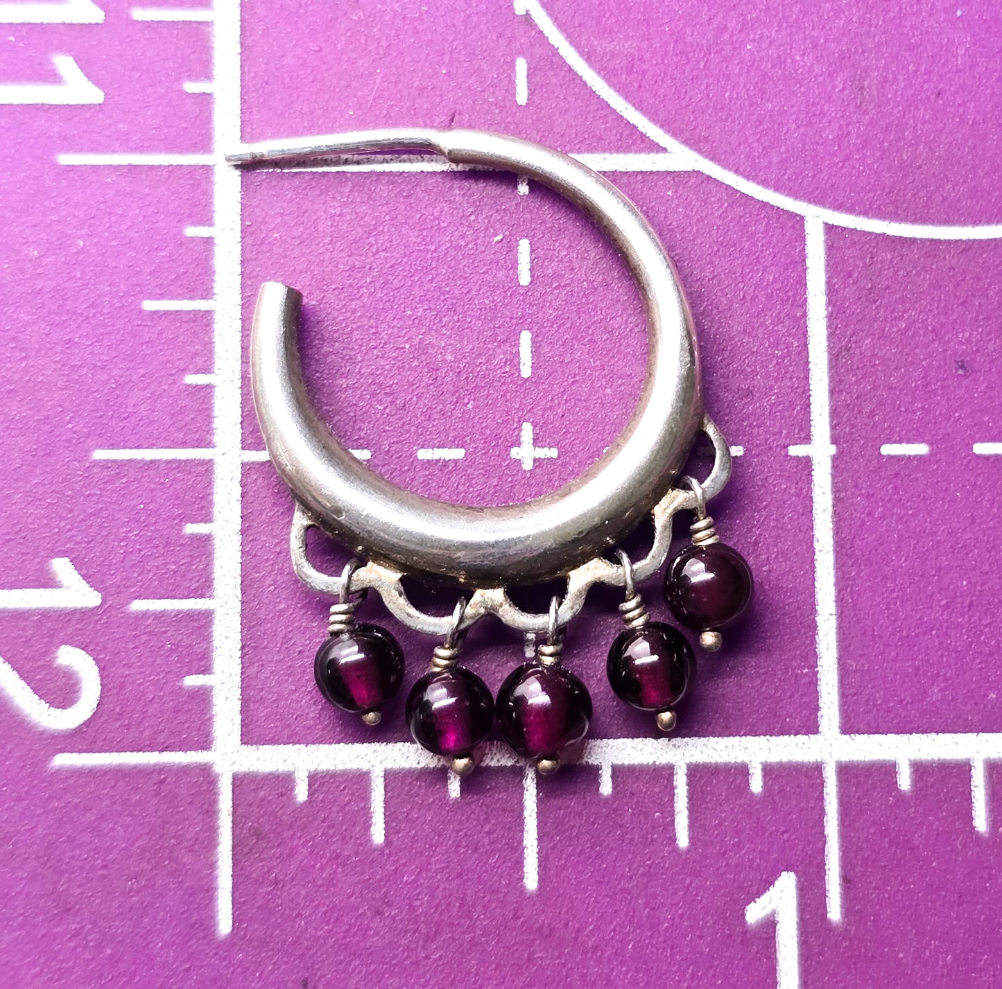 Garnet red gemstone beaded sterling silver drop vintage hoop earrings