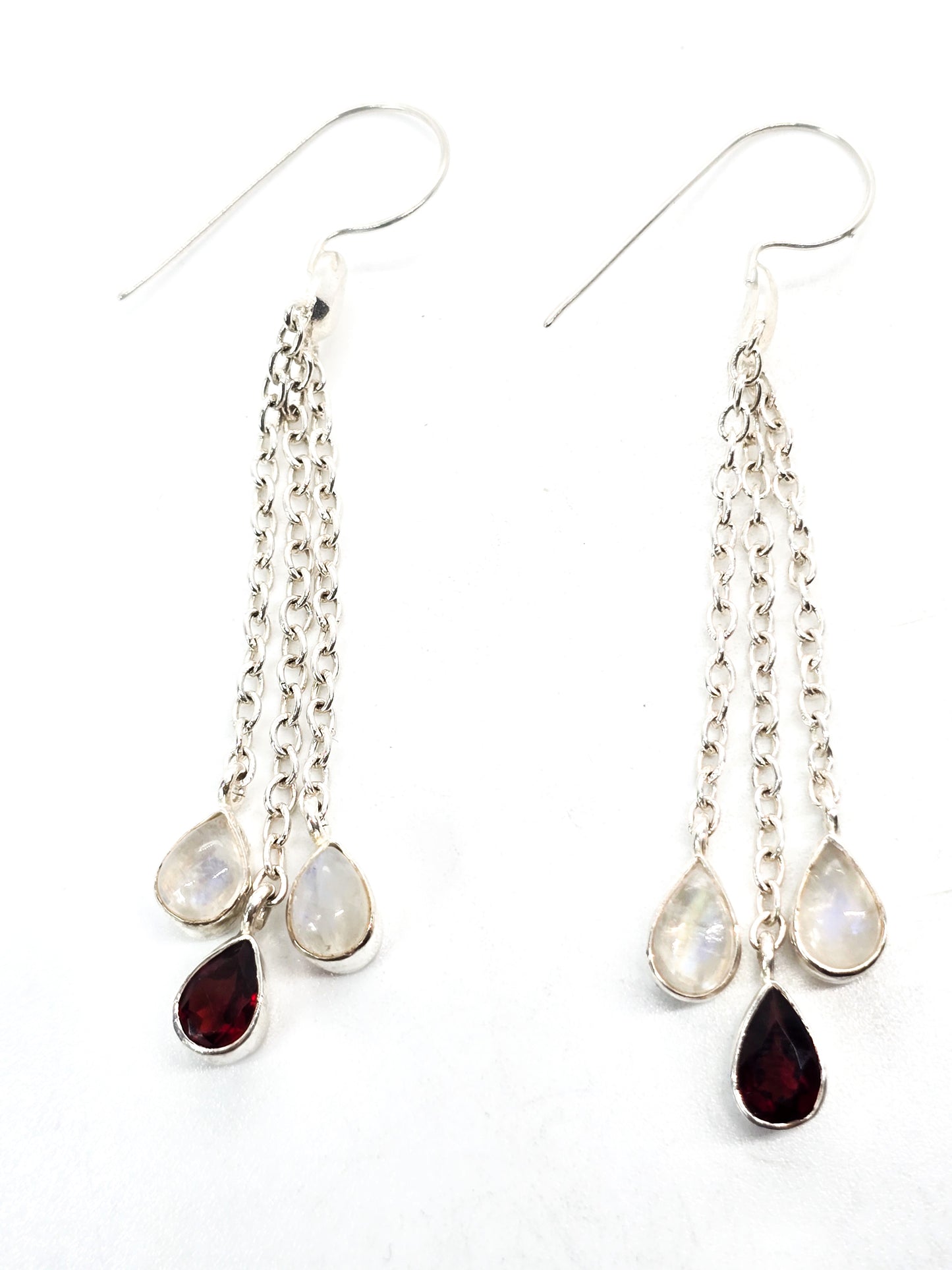 Blue Moonstone and garnet long tassel drop 2.75" sterling silver gemstone earrings