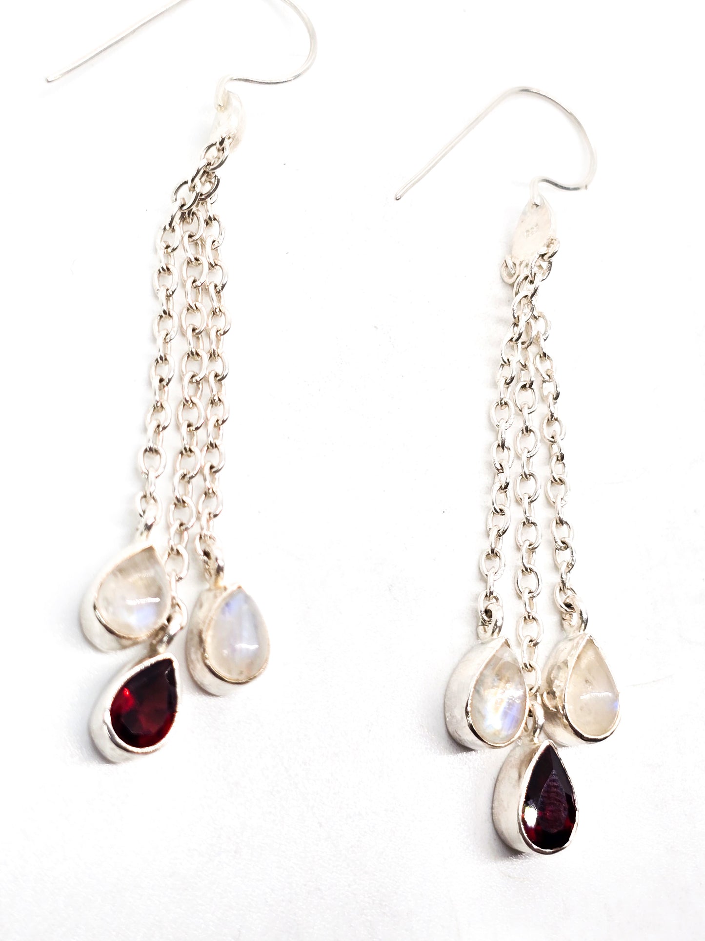 Blue Moonstone and garnet long tassel drop 2.75" sterling silver gemstone earrings