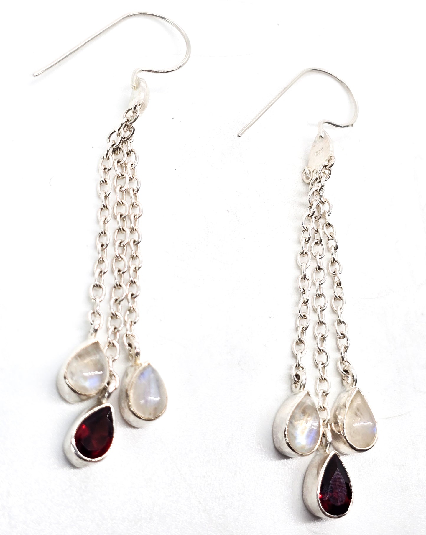 Blue Moonstone and garnet long tassel drop 2.75" sterling silver gemstone earrings
