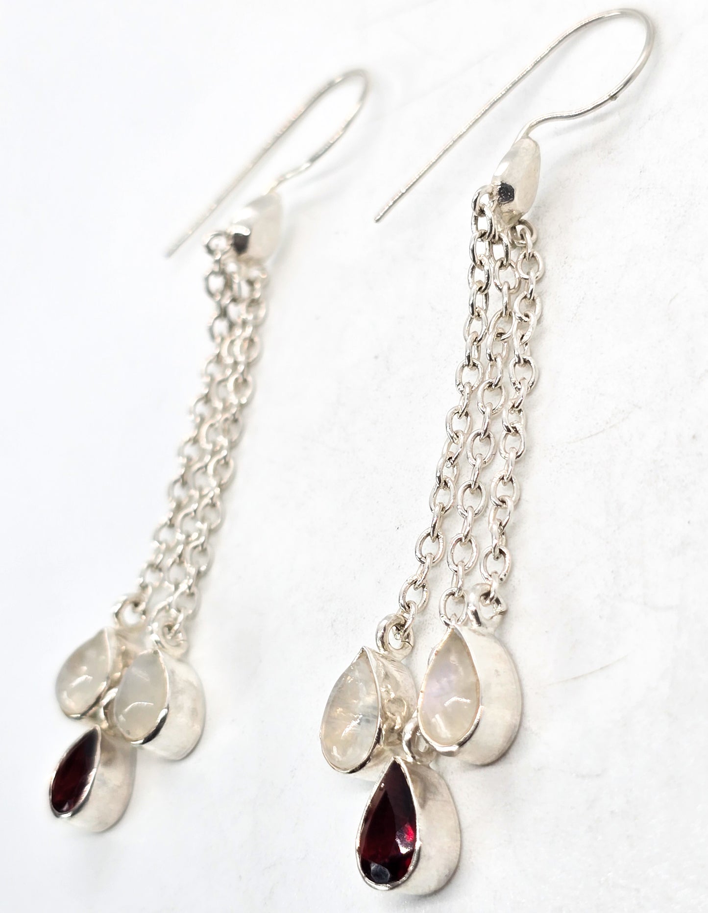 Blue Moonstone and garnet long tassel drop 2.75" sterling silver gemstone earrings