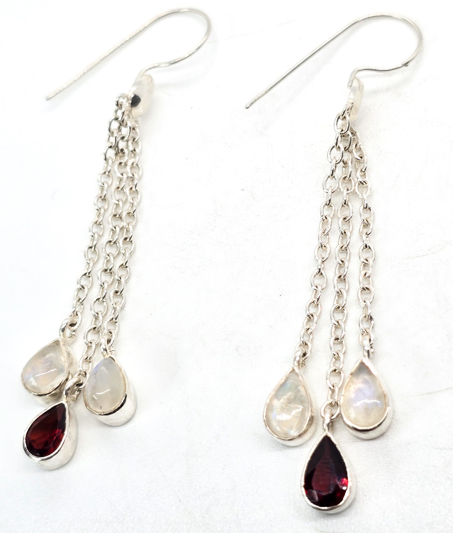 Blue Moonstone and garnet long tassel drop 2.75" sterling silver gemstone earrings