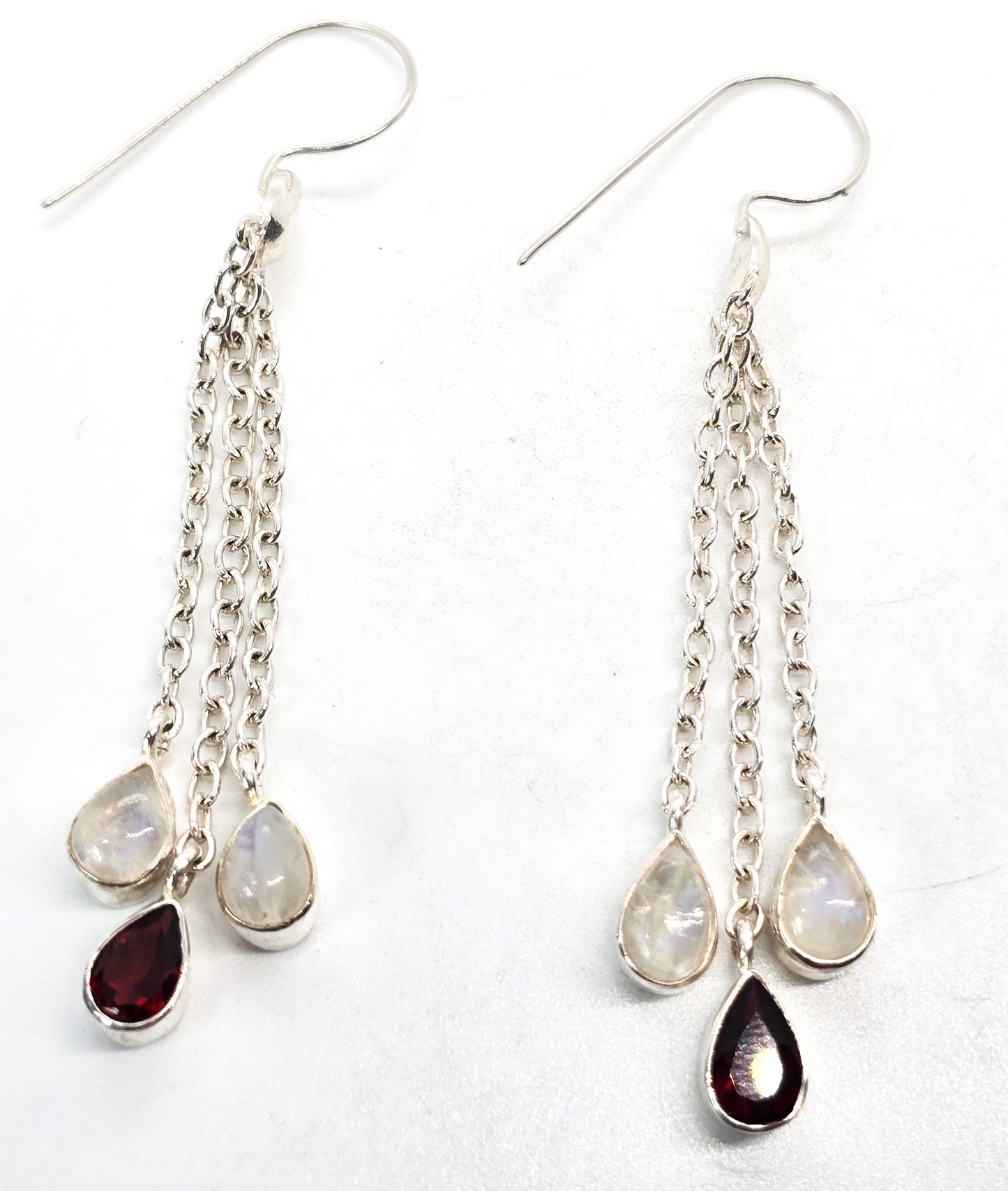 Blue Moonstone and garnet long tassel drop 2.75" sterling silver gemstone earrings