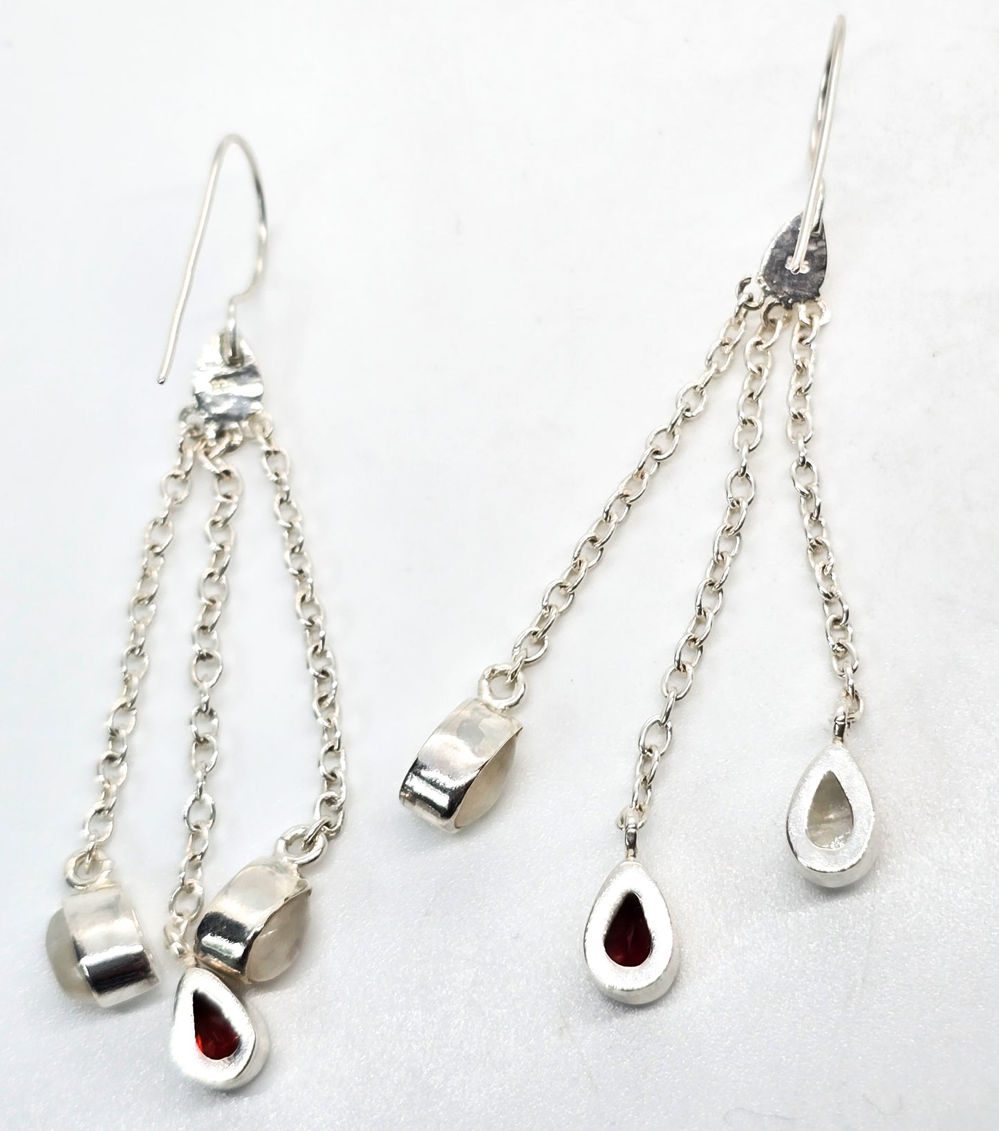 Blue Moonstone and garnet long tassel drop 2.75" sterling silver gemstone earrings