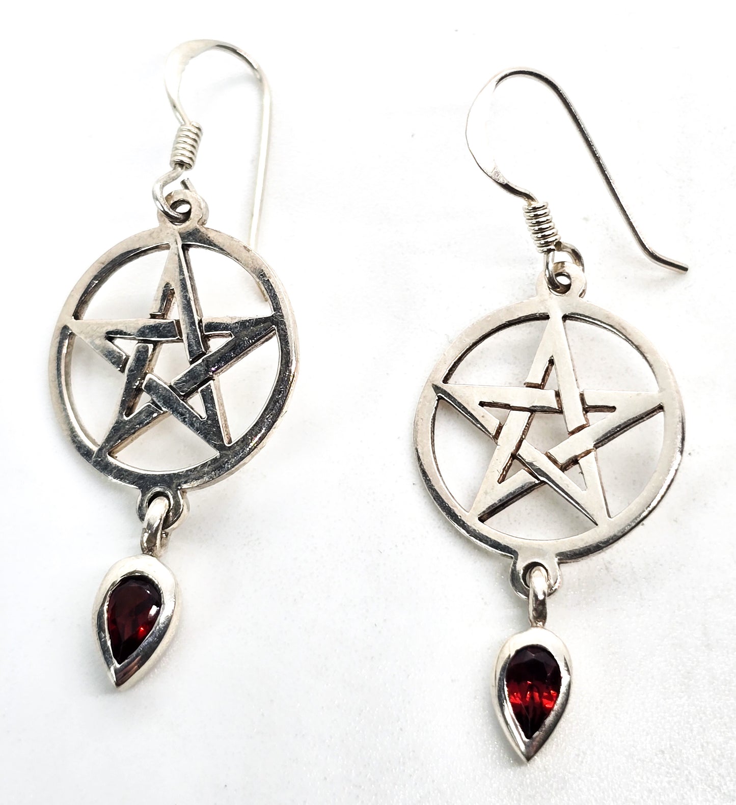 Garnet Pentacle Sterling silver matching earrings and pendant set Wicca Pagan