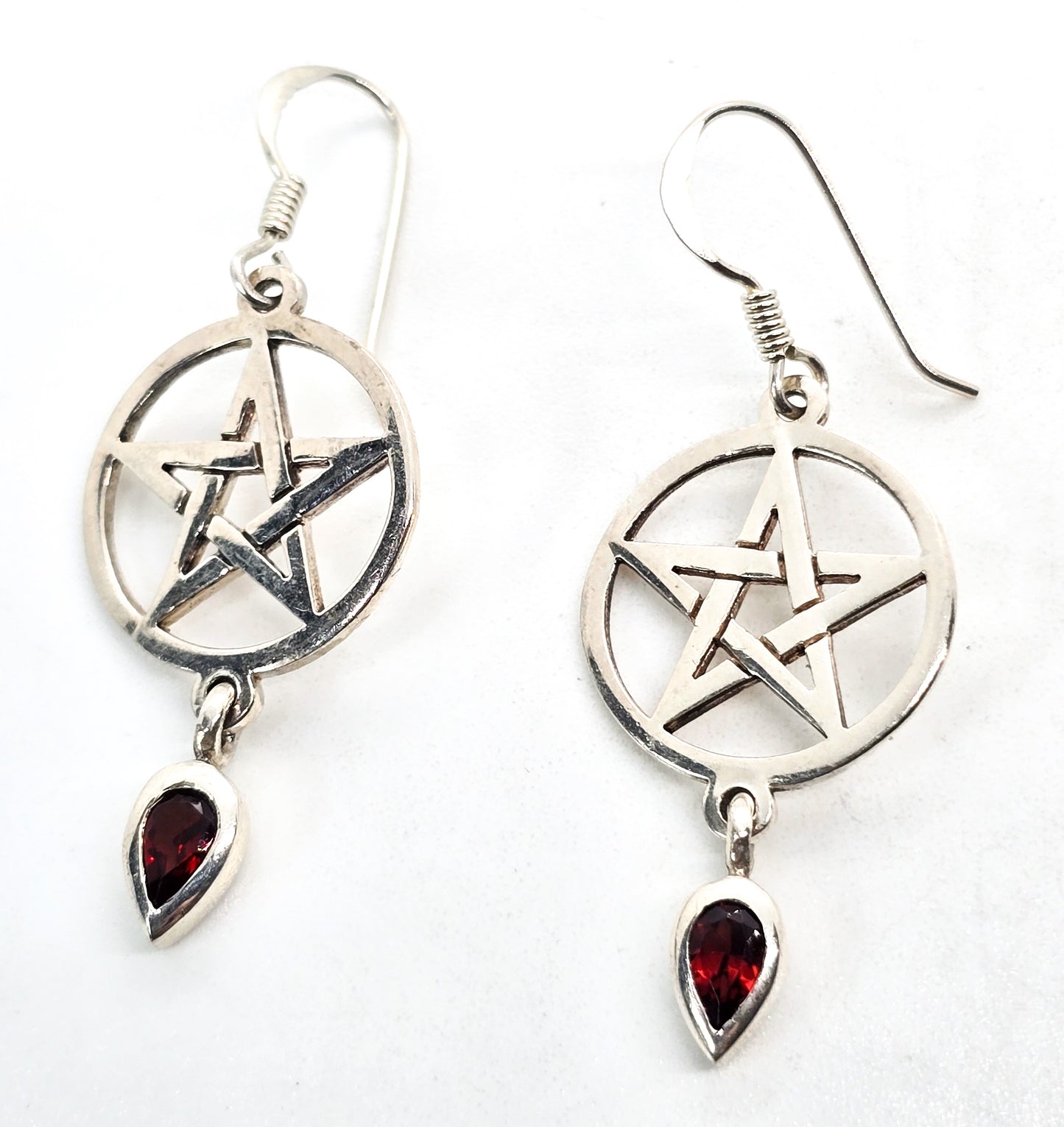 Garnet Pentacle Sterling silver matching earrings and pendant set Wicca Pagan