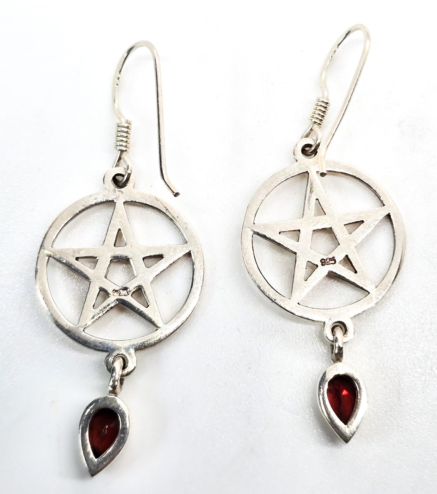 Garnet Pentacle Sterling silver matching earrings and pendant set Wicca Pagan