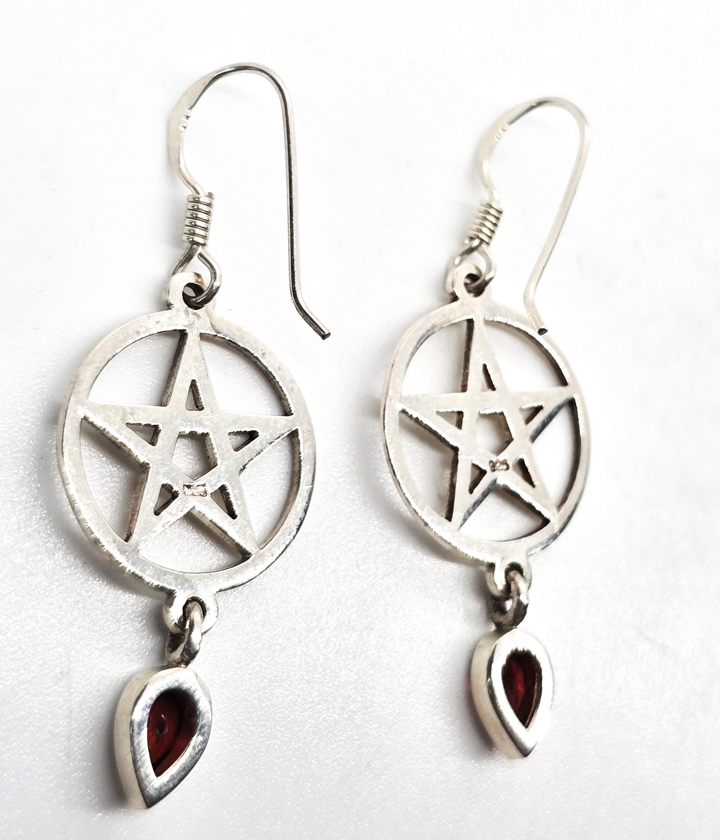 Garnet Pentacle Sterling silver matching earrings and pendant set Wicca Pagan