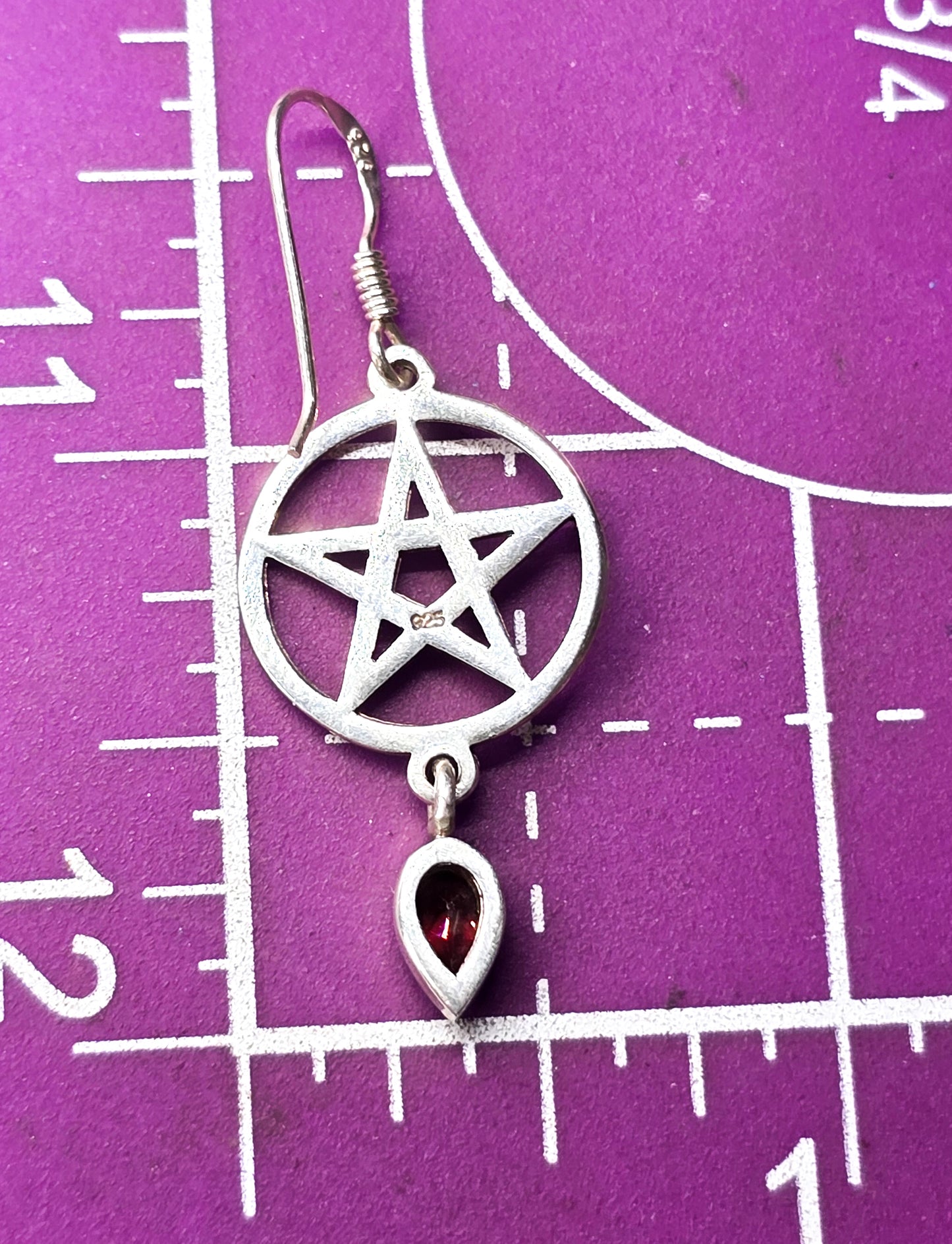 Garnet Pentacle Sterling silver matching earrings and pendant set Wicca Pagan