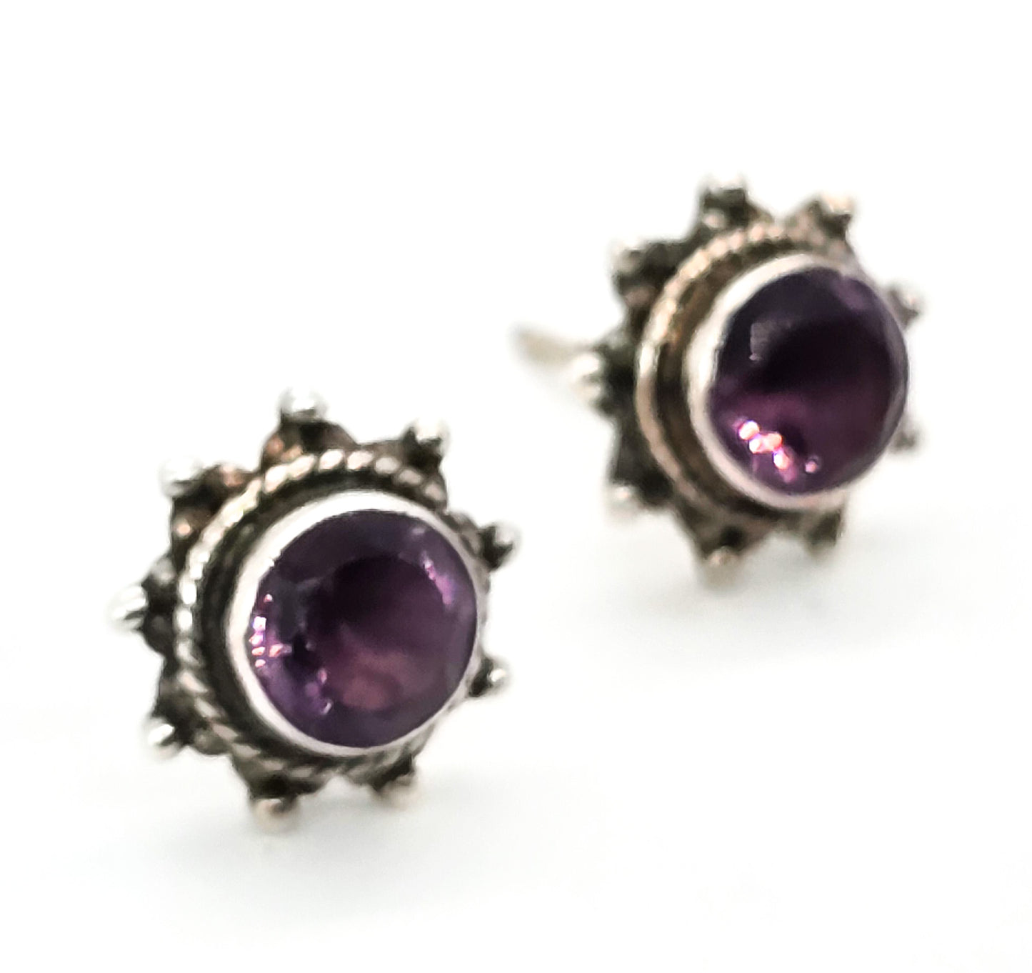 Amethyst purple gemstone Balinese style sterling silver vintage stud earrings