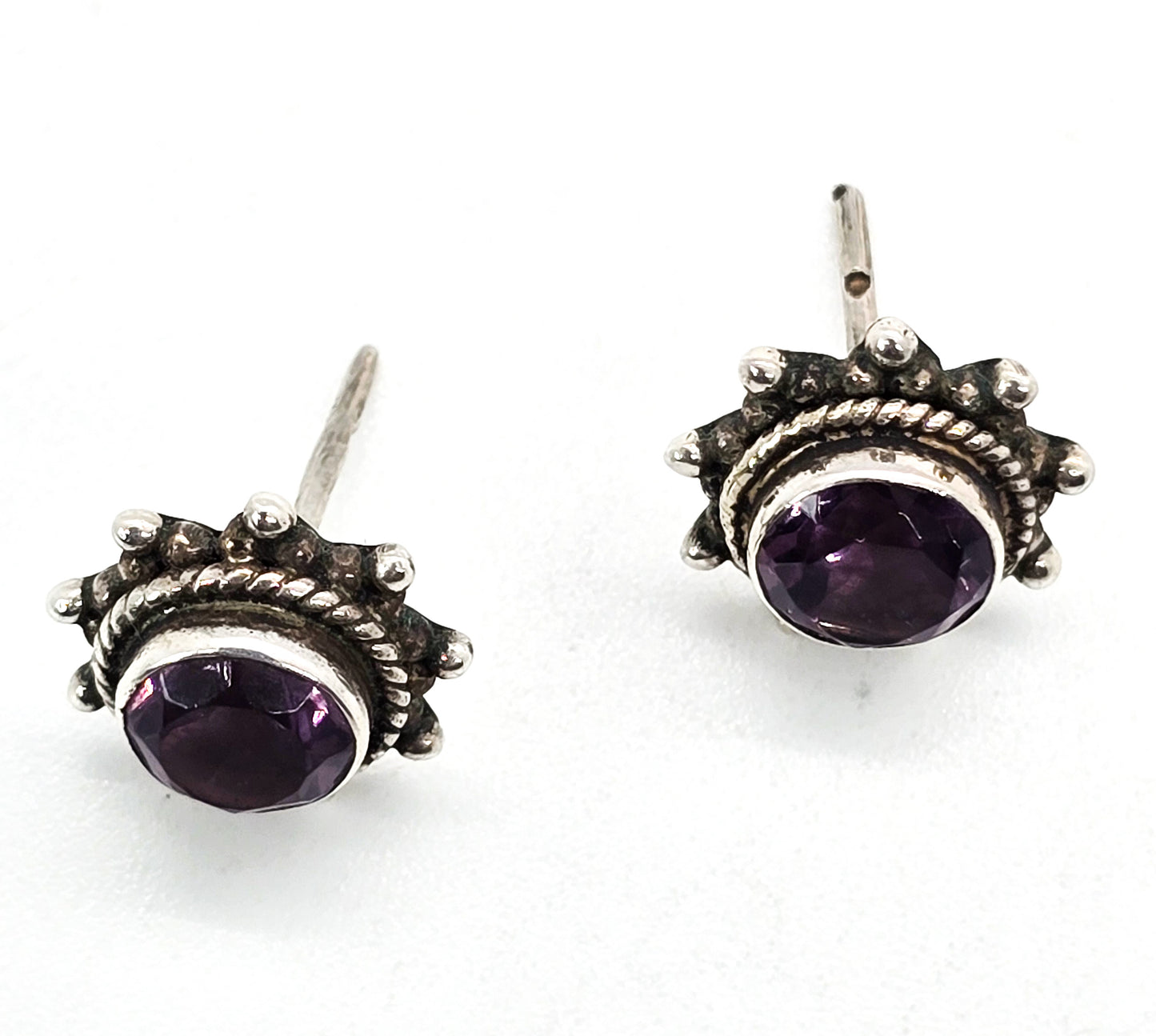 Amethyst purple gemstone Balinese style sterling silver vintage stud earrings