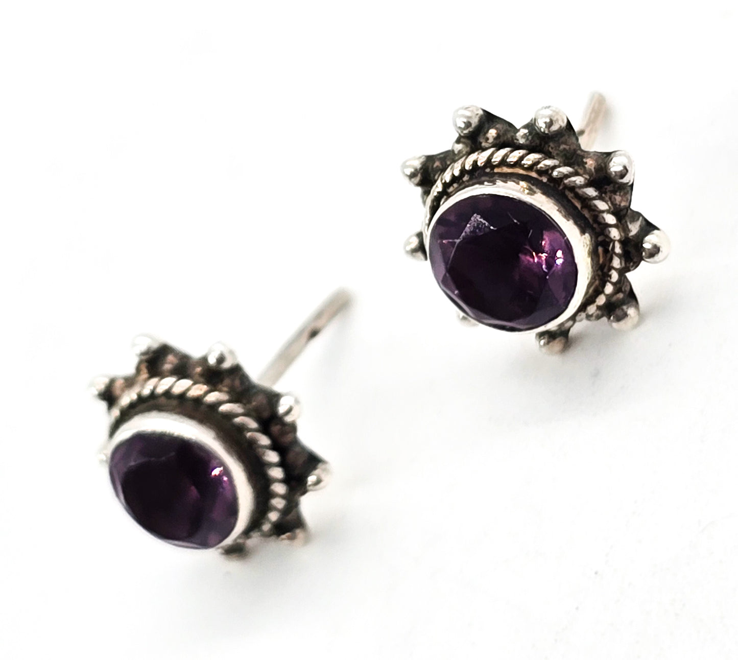 Amethyst purple gemstone Balinese style sterling silver vintage stud earrings