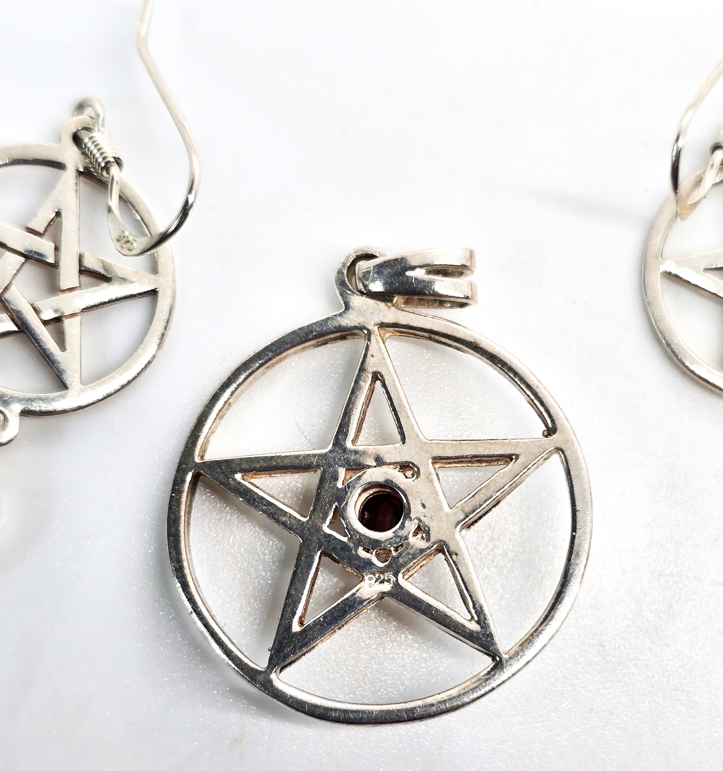 Garnet Pentacle Sterling silver matching earrings and pendant set Wicca Pagan