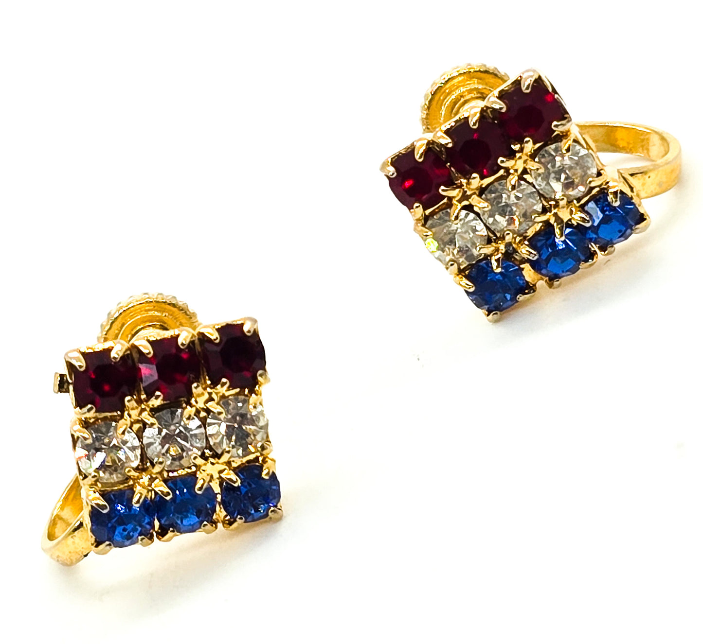 4th of July red white and blue flag mid century rhinestone vintage screw back earrings