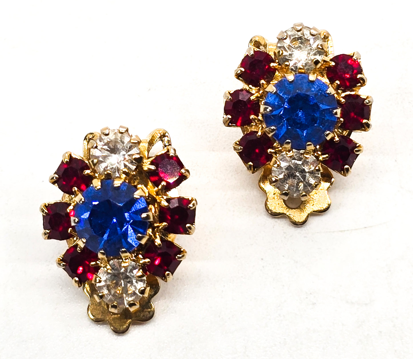 Lisner 4th of July red white and blue mid century rhinestone vintage clip on earrings