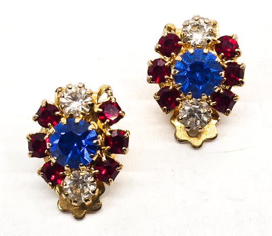 Lisner 4th of July red white and blue mid century rhinestone vintage clip on earrings