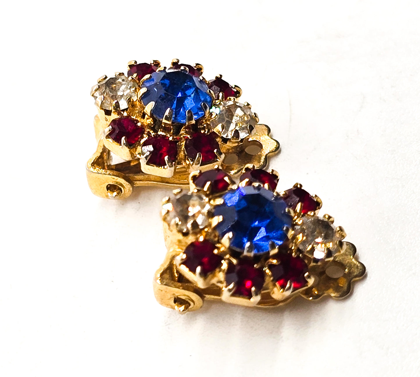 Lisner 4th of July red white and blue mid century rhinestone vintage clip on earrings