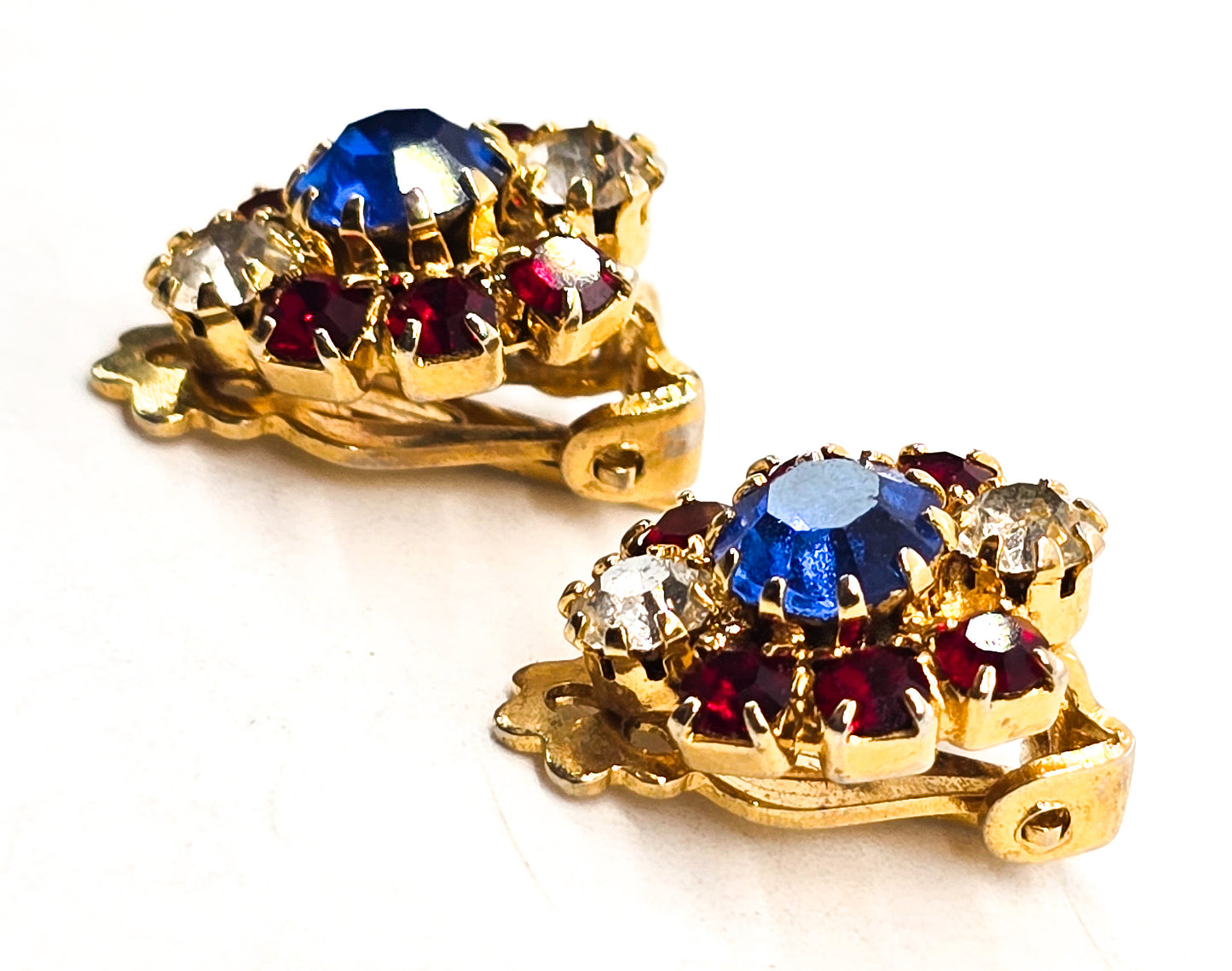Lisner 4th of July red white and blue mid century rhinestone vintage clip on earrings