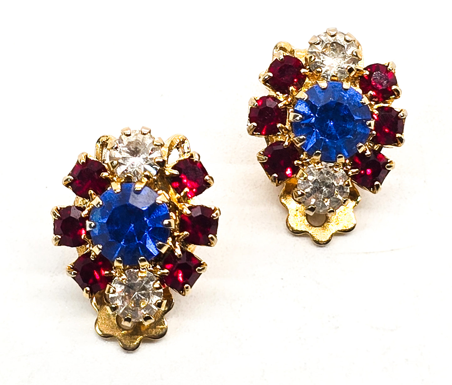 Lisner 4th of July red white and blue mid century rhinestone vintage clip on earrings