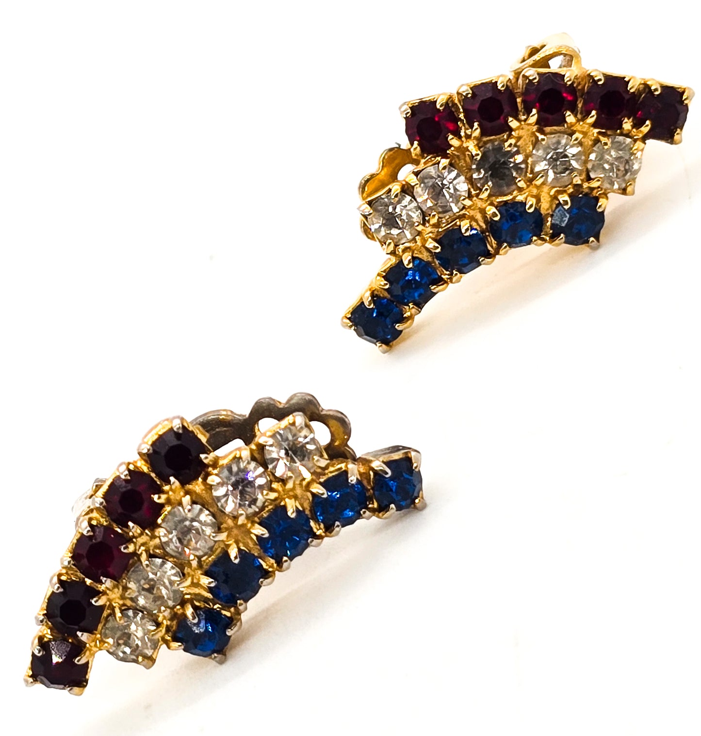 4th of July red white and blue mid century rhinestone vintage clip on earrings