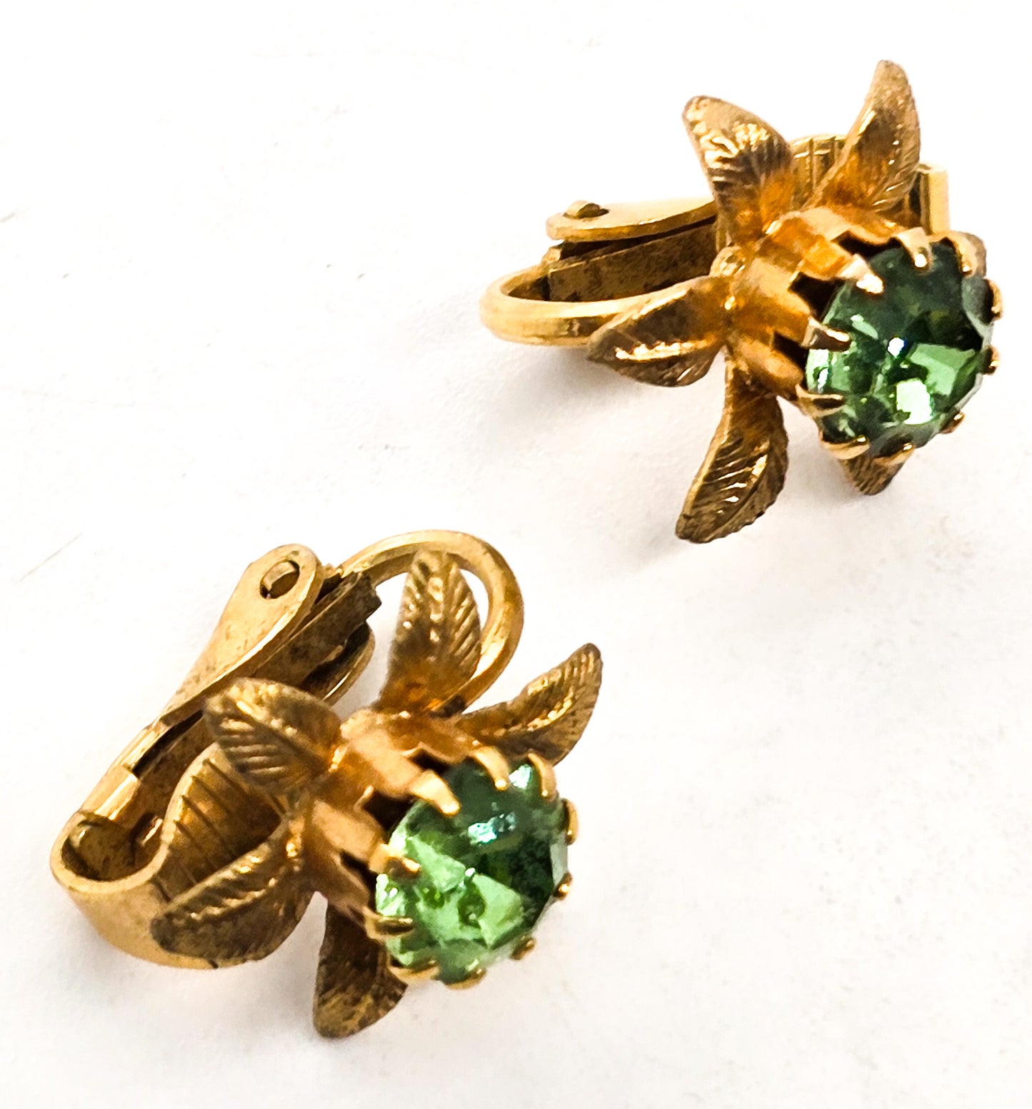 Uranium glass flower petite gold toned vintage clip on mid century earrings