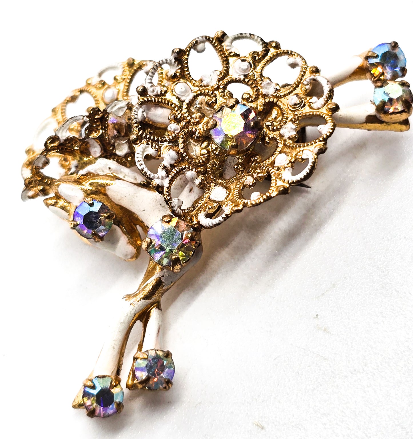 Azub Austria white painted carousel Aurora borealis rhinestone horse vintage brooch