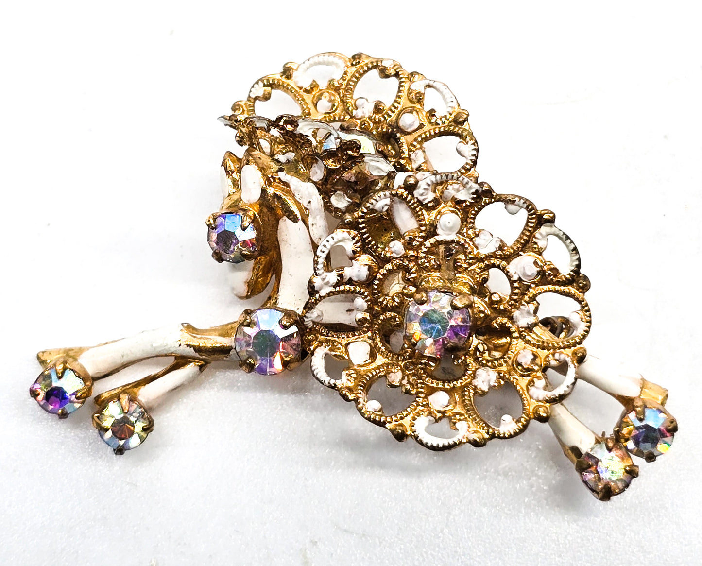 Azub Austria white painted carousel Aurora borealis rhinestone horse vintage brooch