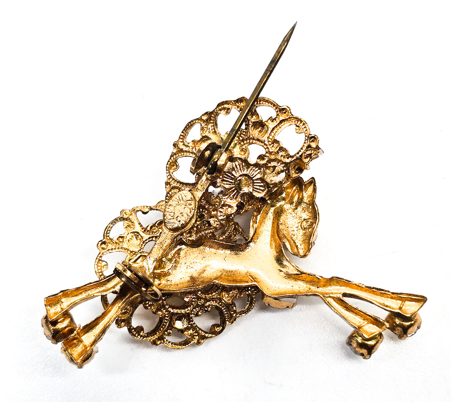 Azub Austria white painted carousel Aurora borealis rhinestone horse vintage brooch
