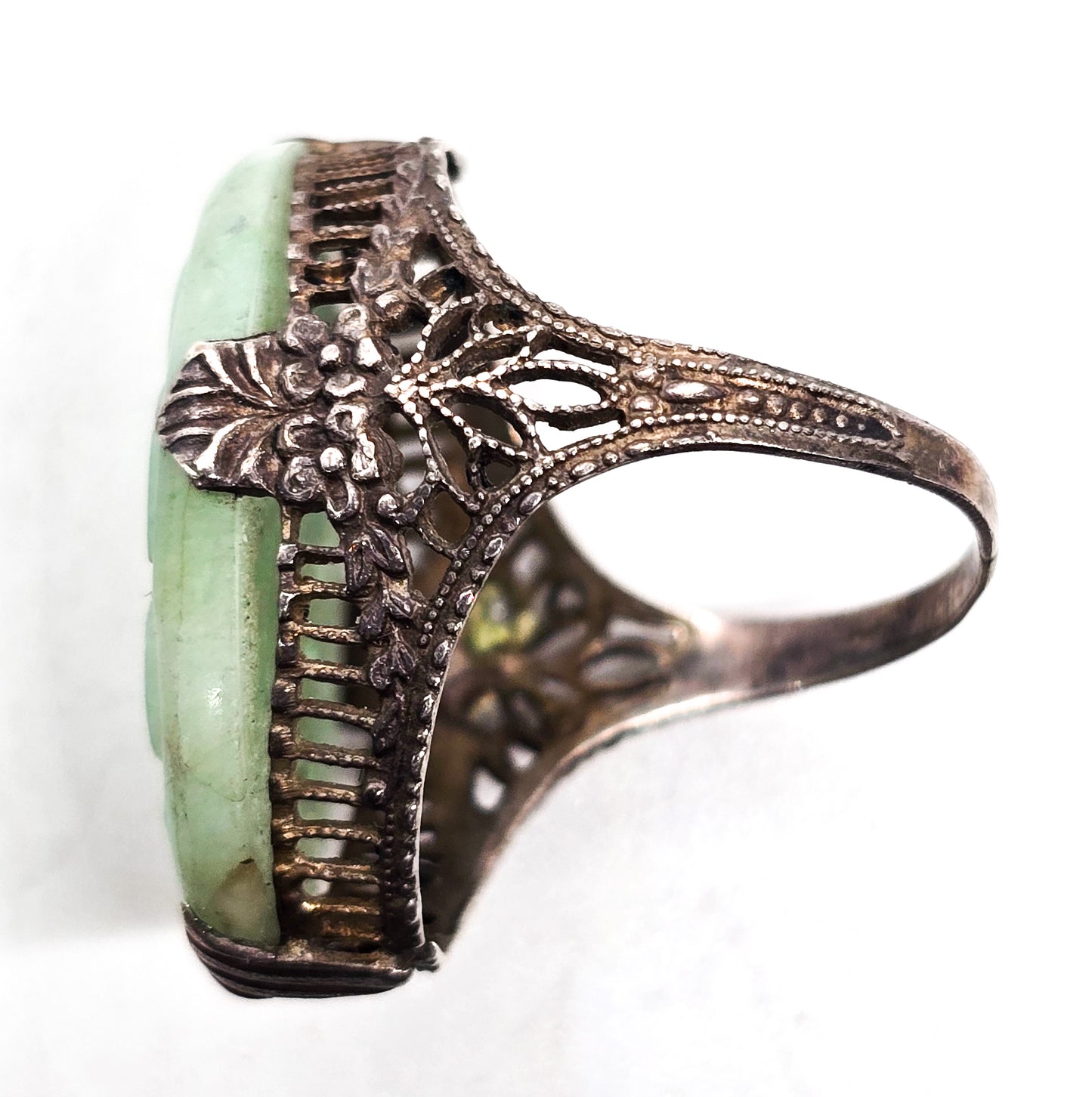 Carved Jade Lotus flower Chinese Export antique sterling silver filigree ring size 4/75
