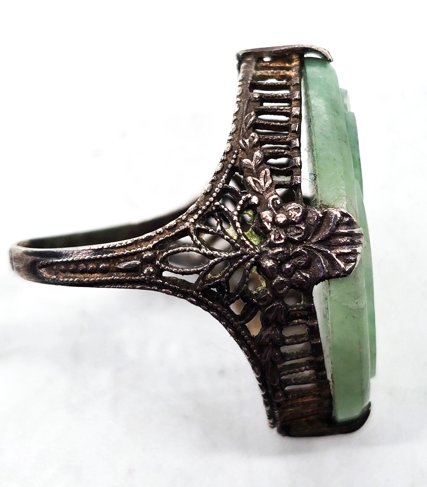 Carved Jade Lotus flower Chinese Export antique sterling silver filigree ring size 4/75
