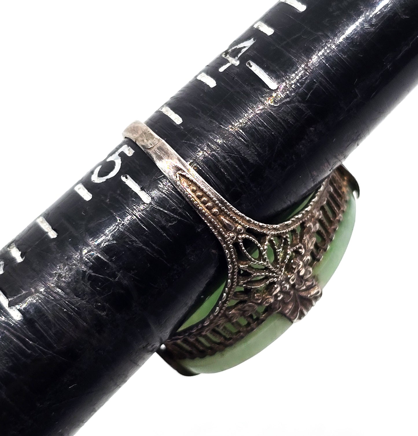 Carved Jade Lotus flower Chinese Export antique sterling silver filigree ring size 4/75