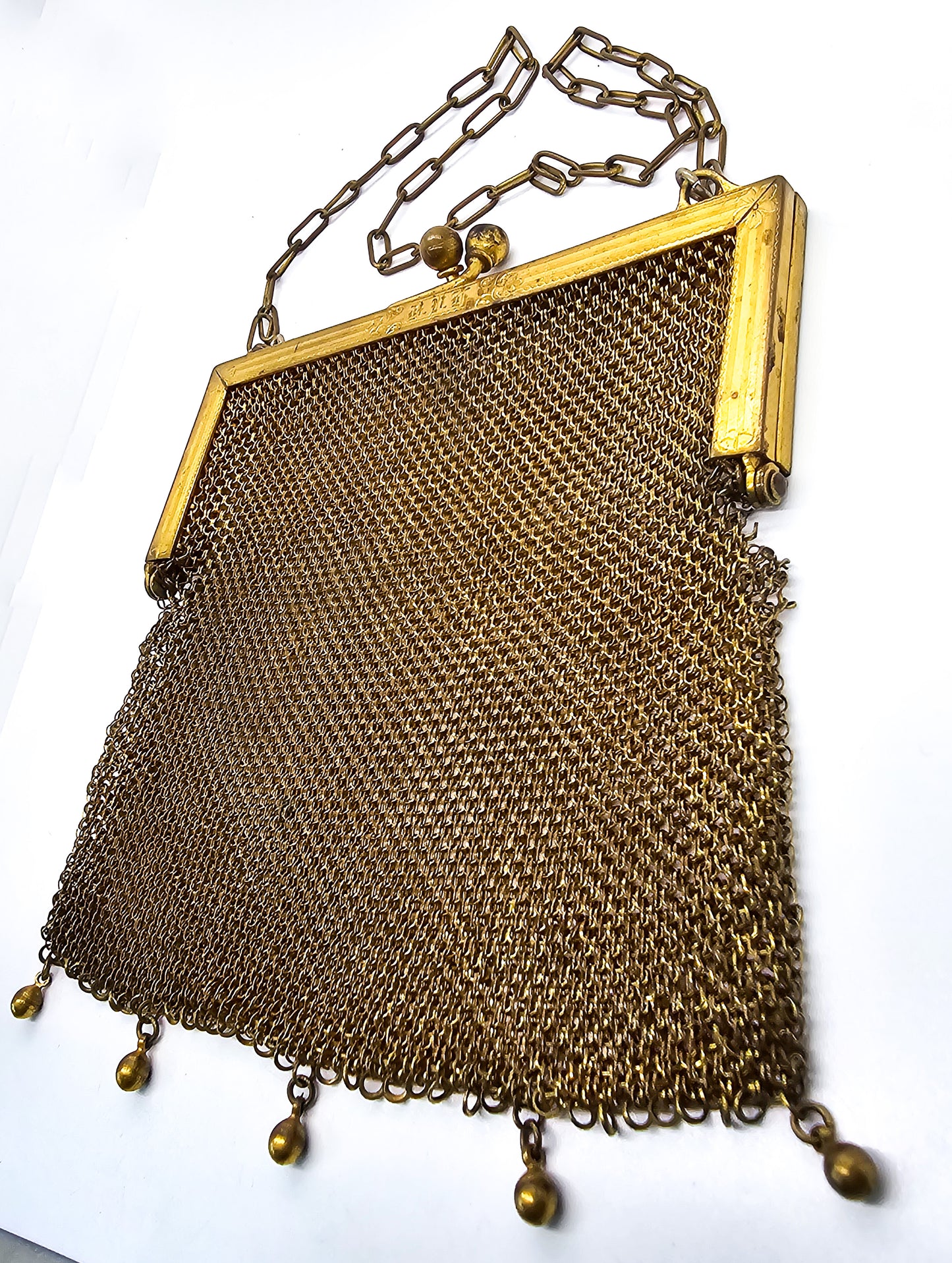 Goldine CB Art Deco mesh gold toned antique hand bag purse
