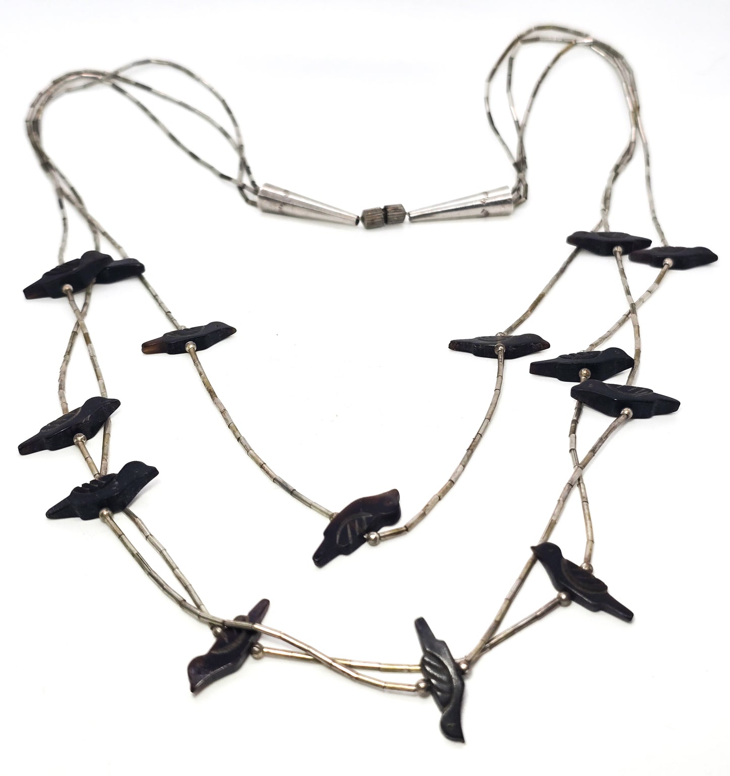 Native American liquid silver carved shell 3 strand layered vintage fetish necklace