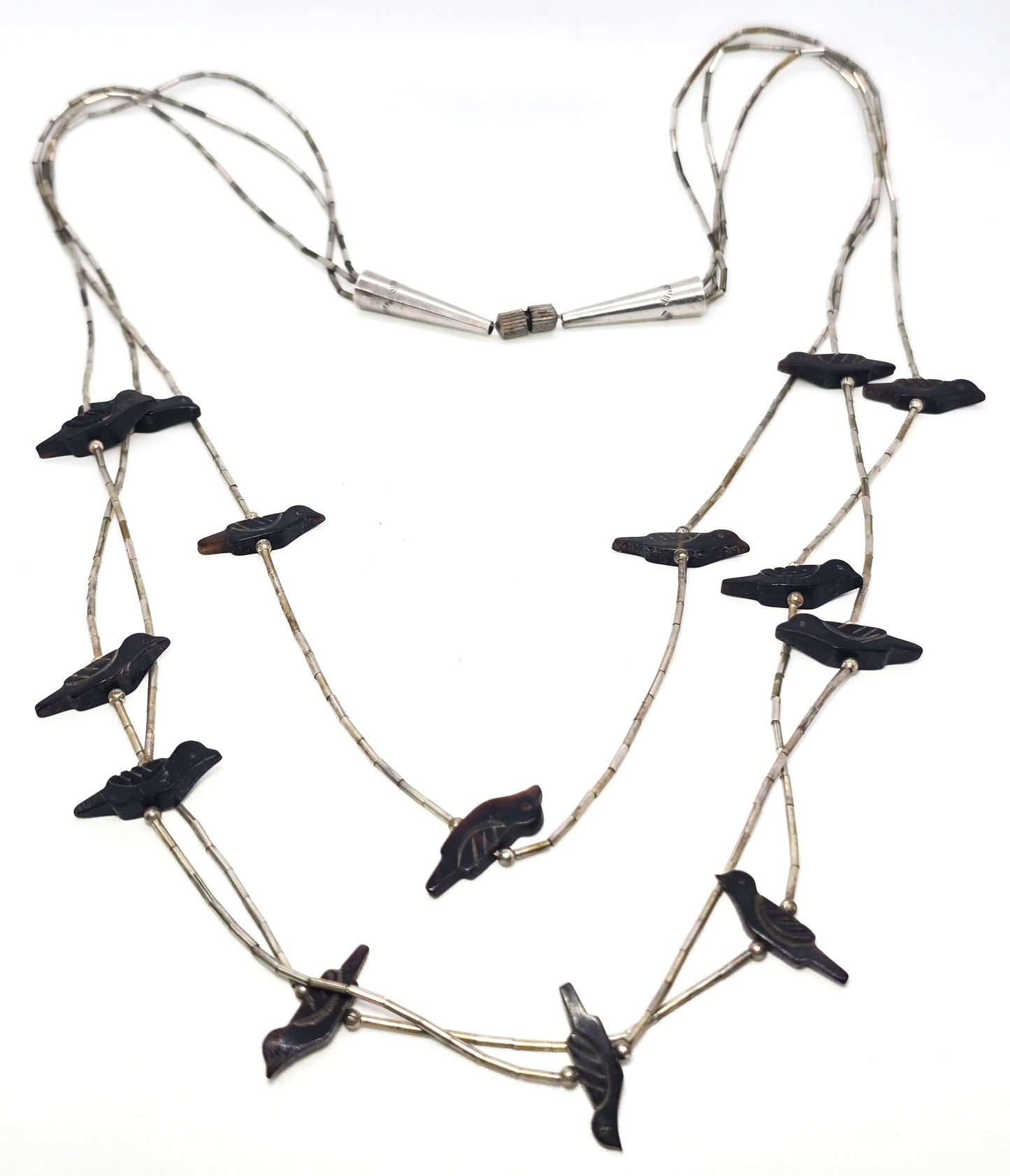 Native American liquid silver carved shell 3 strand layered vintage fetish necklace