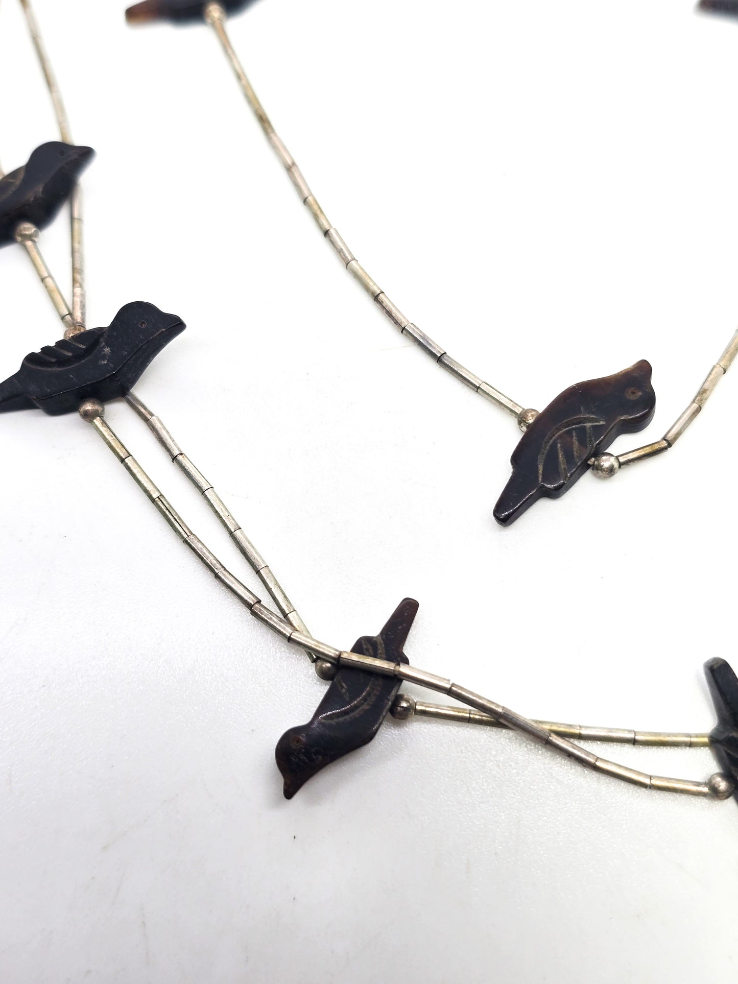 Native American liquid silver carved shell 3 strand layered vintage fetish necklace