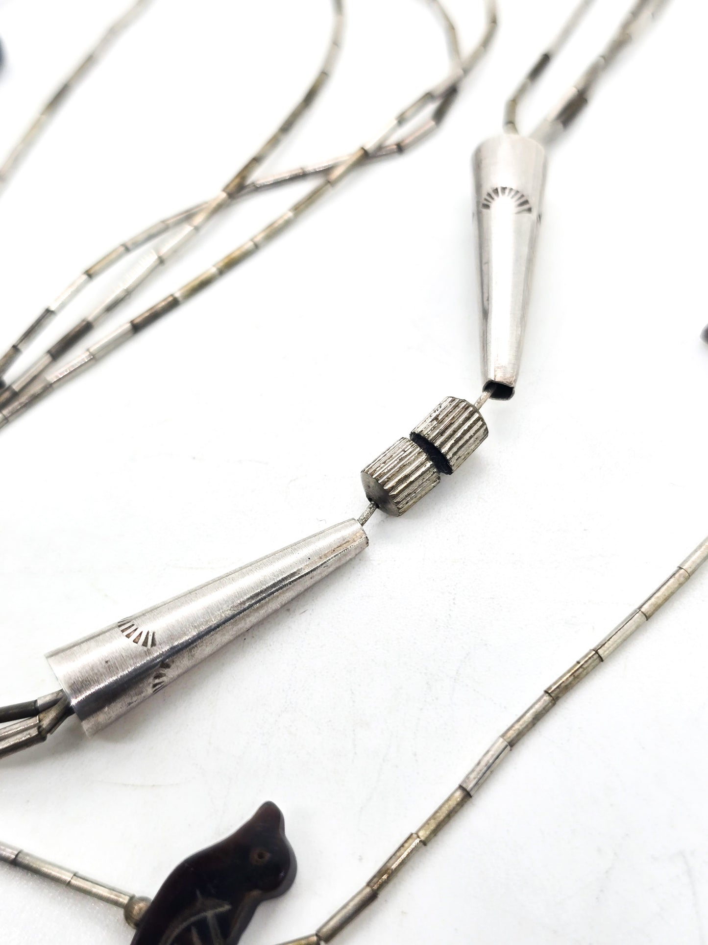 Native American liquid silver carved shell 3 strand layered vintage fetish necklace