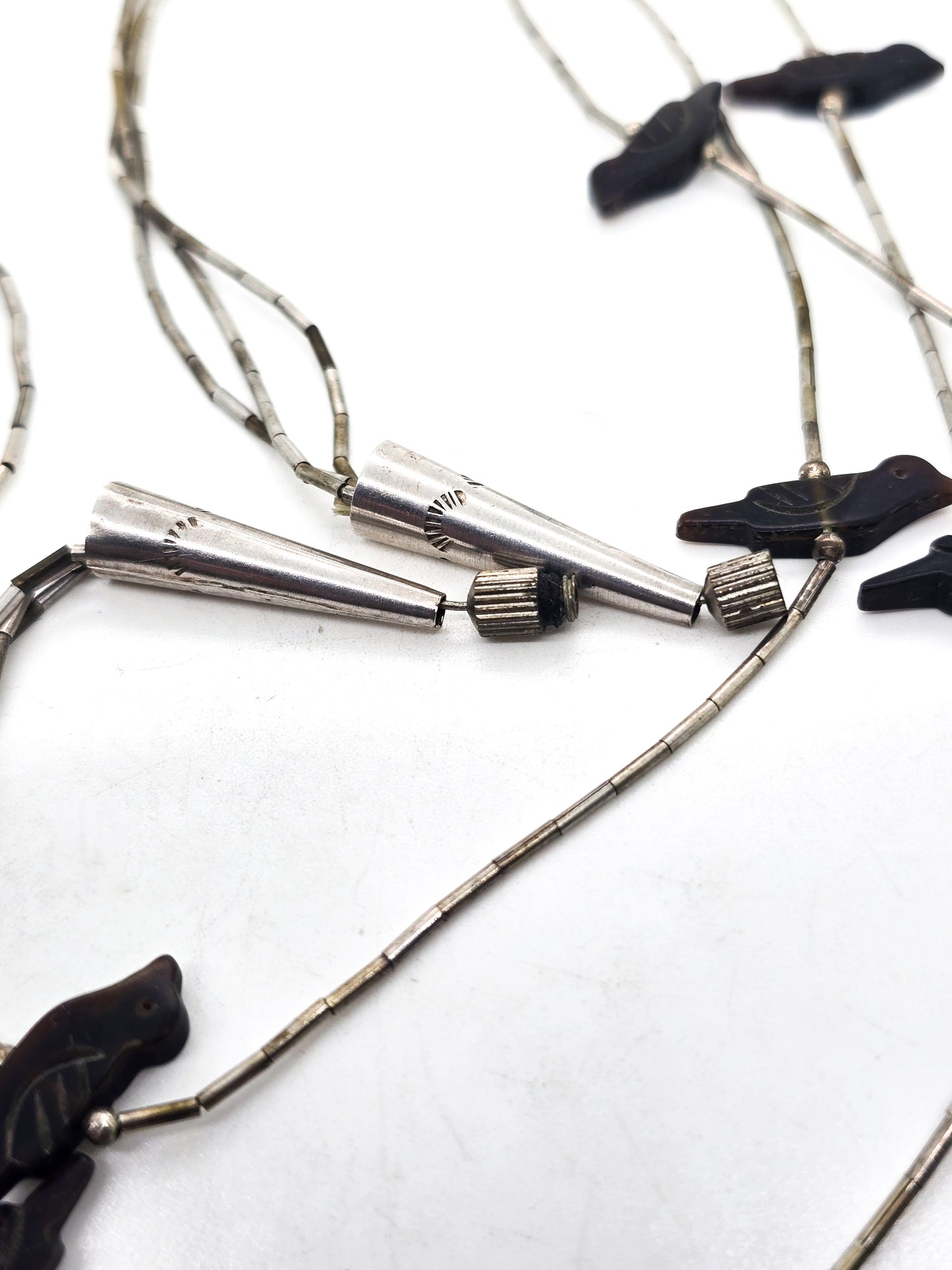 Native American liquid silver carved shell 3 strand layered vintage fetish necklace